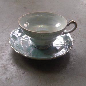 Del Coronado Nasco teacup saucer set bone china turquoise iridescent gold floral